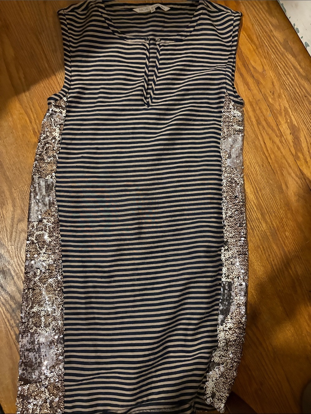 RACHEL Rachel Roy Black & Cream Striped Midi Dress with Sequin Side Panels